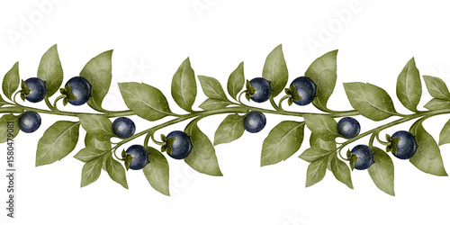 Foto Seamless horizontal border with berry branch and green leaves