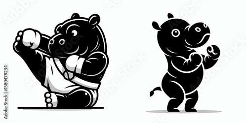 baby hippo muay thai pose. Cartoon Clipart Silhouette Vector Illustration Coffee Line Art Illustration. Tiny pygmy river horse kickboxing stance infant animal combat posture.