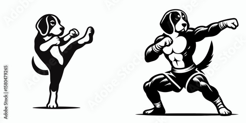 Beagle Dog muay thai pose. Cartoon Clipart Silhouette Vector Illustration Coffee Line Art Illustration. Canine boxer posture breed in martial stance pet combat action.