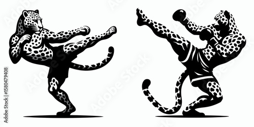 Leopard muay thai pose. Cartoon Clipart Silhouette Vector Illustration Coffee Line Art Illustration. Feline stance in combat art wildcat display of kickboxing form.