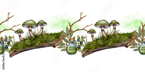 Seamless botanical border with mushrooms, green moss, forest branch, berries and potion bottle. Watercolor drawing in fantasy style. Great for packaging, labels, and magical forest themes.