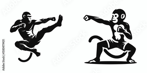 Monkey muay thai pose. Cartoon Clipart Silhouette Vector Illustration Coffee Line Art Illustration. Primate martial posture ape combat stance simian kickboxing form animal fighting.