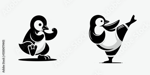 Penguin muay thai pose. Cartoon Clipart Silhouette Vector Illustration Coffee Line Art Illustration. Bird martial posture south pole creature combat stance avian boxing form.