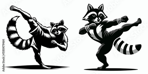 Raccoon muay thai pose. Cartoon Clipart Silhouette Vector Illustration Coffee Line Art Illustration. Boxing stance of north american badger martial combat action photo.