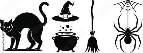 Halloween silhouette vector set with cat, witch hat, broom, cauldron, potion, and spider web illustration