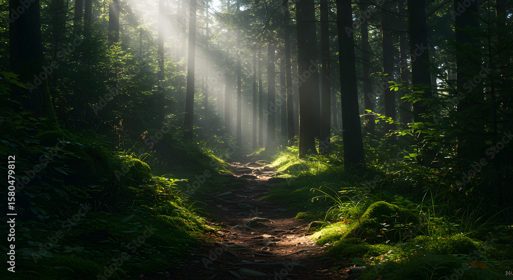 Fototapeta premium Mysterious forest path illuminated by soft, ethereal light.
