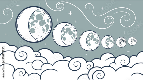 Illustration of moon phases in the night sky with swirling clouds and stars in a celestial scene