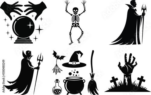 Halloween silhouette vector set with crystal ball, skeleton, vampire, bat, witch hat, cauldron, broom, potion, and hand
