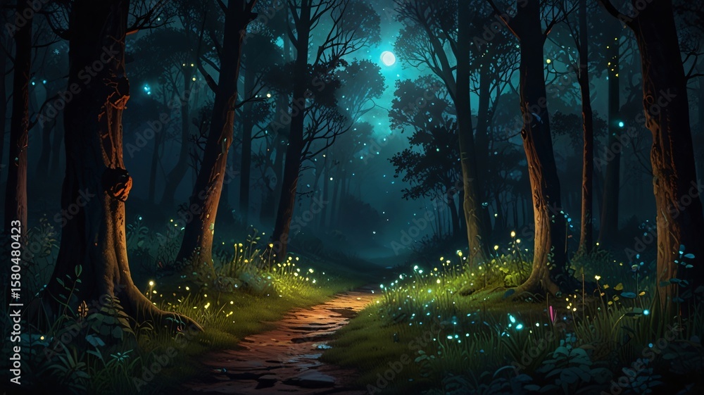 Fototapeta premium Mystical Enchanted Forest with Fireflies Under Moonlit Night Sky V8