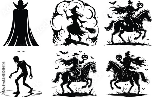 Halloween silhouette vector set with vampire, witch, headless horseman, zombie, spider, and crystal ball illustration