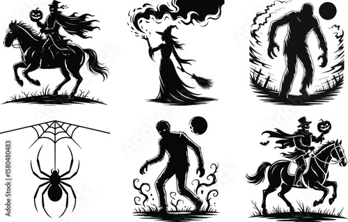 Halloween silhouette vector set with headless horseman, witch, zombie, spider, and crystal ball illustration