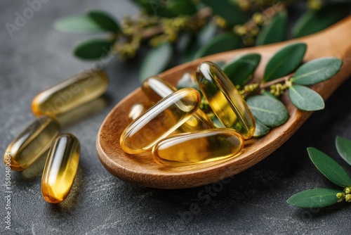 Herbal capsules, vitamin E, omega 3 fish oil, natural supplements for health. Close-up shows capsules in wooden spoon with green leaves. Alternative medicine, healthy lifestyle.