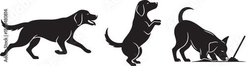 Black and white silhouettes of dogs in various actions, including running, standing, and digging