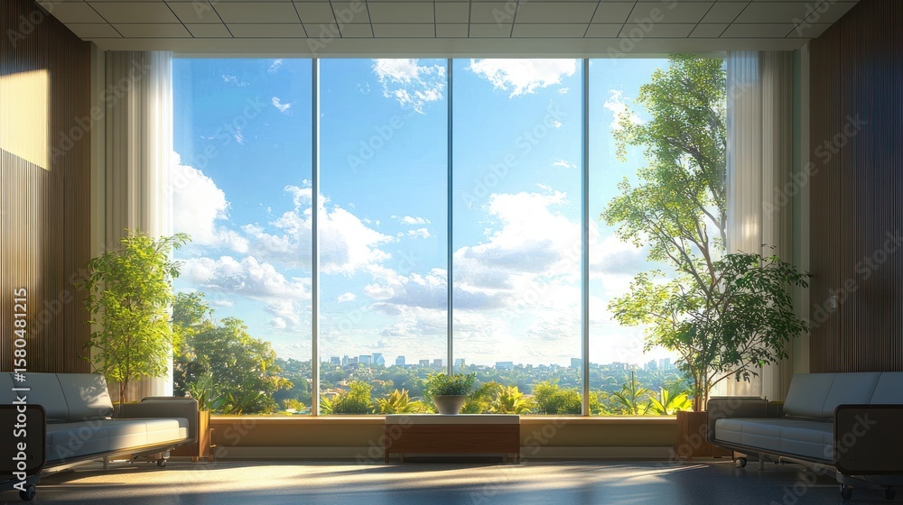 Fototapeta premium Spacious interior with cityscape view