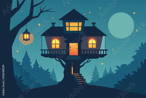 Magical Treehouse at Night with Lantern Light in Forest – Vector Illustration