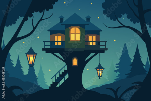 Magical Treehouse at Night with Lantern Light in Forest – Vector Illustration