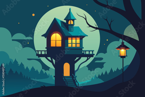 Magical Treehouse at Night with Lantern Light in Forest – Vector Illustration