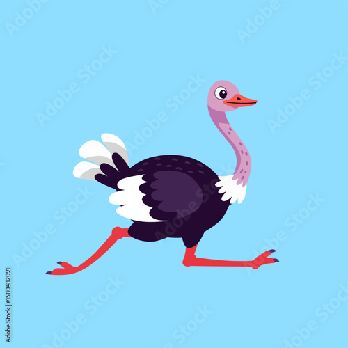 Cute cartoon ostrich in a running pose with vibrant colors and playful style. Ideal for children’s designs, educational content, and animal-themed illustrations