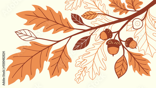 Illustration of a branch with oak leaves and acorns in shades of brown and orange on a cream background