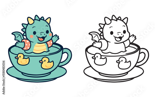 Cute Dinosaur Bathing in Teacup – Half Colored and Line Art Vector for Kids

