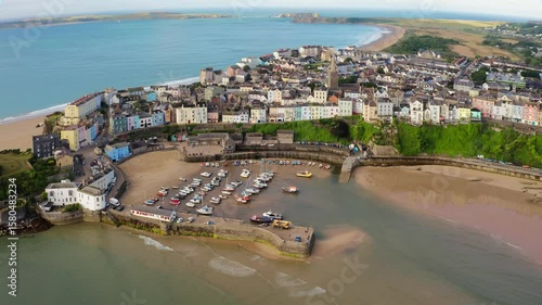 The port and the sand beaches in the Old town of Tenby, Wales, United Kingdom
