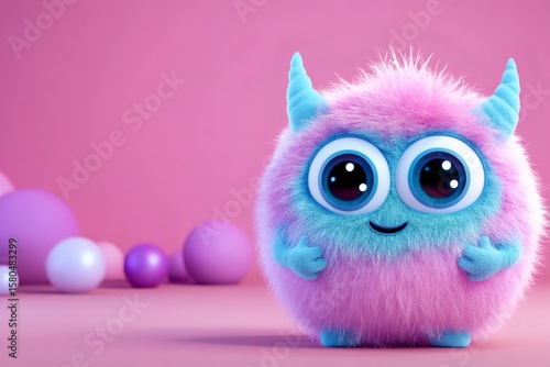 Adorable fluffy pink and blue monster posing on pink background with spheres