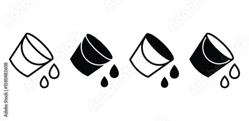 Water Bucket Icons Spilling Liquid Droplets Black and White Color Vector Design Illustration Simple Line