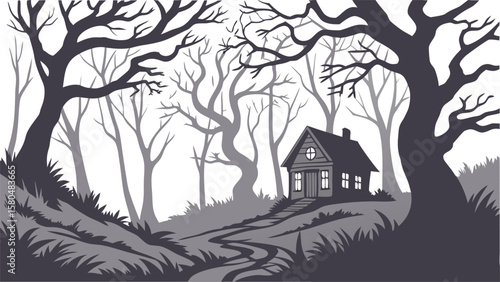 Illustration of a house in the woods with bare trees and a winding path leading to the cabin door