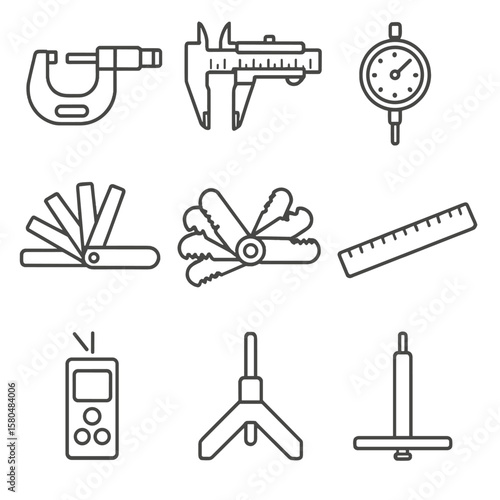 Precision Tool Icons. Line style icons of precision mechanical tools: micrometer, vernier caliper, dial indicator, feeler gauge,