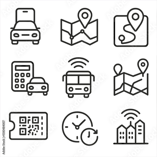 Smart Transport Icons. Line style icons of smart transport apps: ride-hailing icon, transit app map, GPS location pin, fare