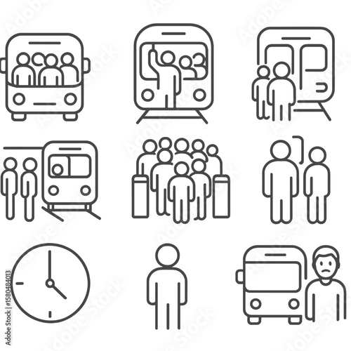 Rush Hour Icons. Line style icons of rush hour and crowding: full bus icon, crowded train, line at station, turnstile jam,