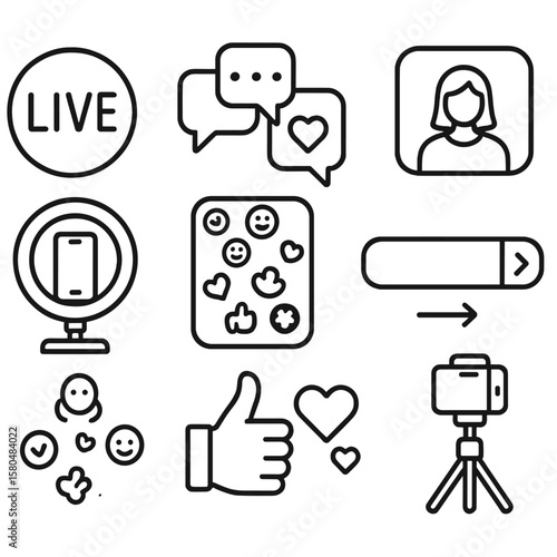Social Media Icons. Line style icons of social media broadcasting: live badge icon, comment flood icon, reaction bubble,