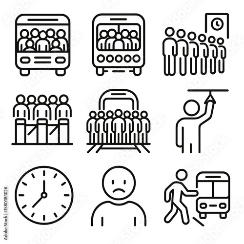 Rush Hour Icons. Line style icons of rush hour and crowding: full bus icon, crowded train, line at station, turnstile jam,