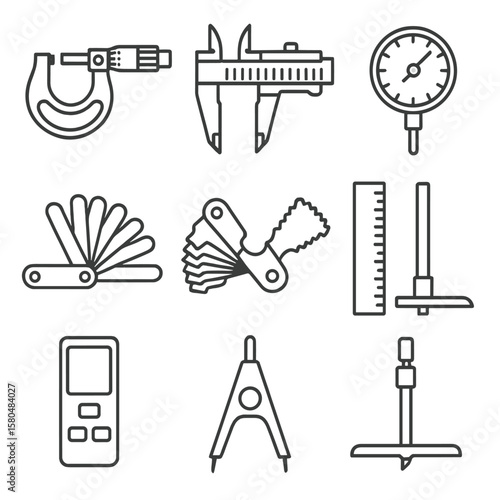 Precision Tool Icons. Line style icons of precision mechanical tools: micrometer, vernier caliper, dial indicator, feeler gauge,