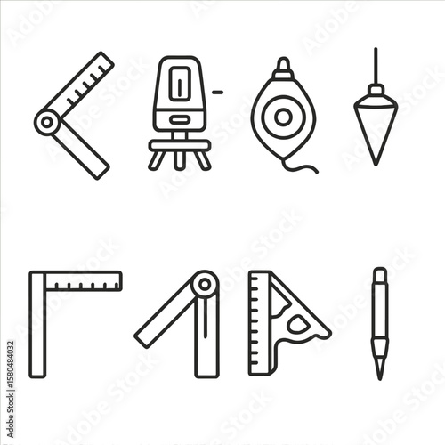 Alignment Tool Icons. Line style icons of alignment and layout tools: angle finder, laser line level, chalk line tool, plumb bob,