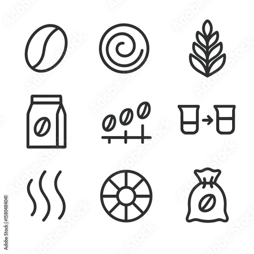 Specialty Coffee Icons. Line style icons of specialty coffee elements: coffee bean, crema swirl, latte art leaf, single origin bag