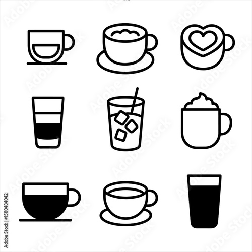 Classic Coffee Icons. Line style icons of classic coffee drinks: espresso shot, cappuccino cup, latte art heart, macchiato glass,