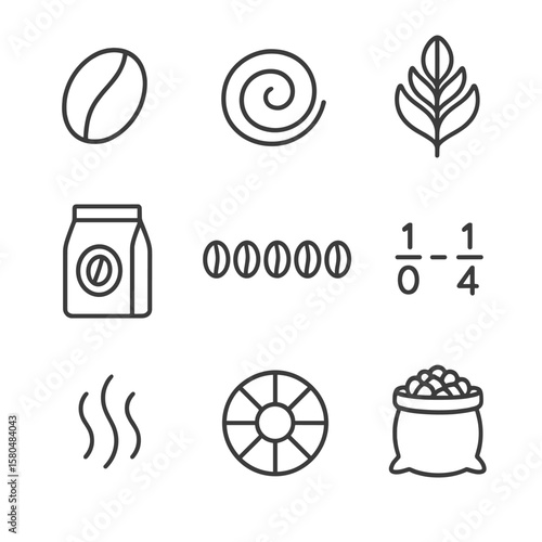 Specialty Coffee Icons. Line style icons of specialty coffee elements: coffee bean, crema swirl, latte art leaf, single origin bag
