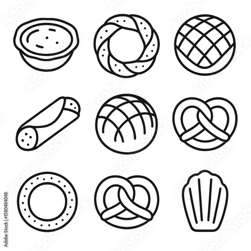 Global Bakery Icons. Line style icons of global bakery treats: Portuguese pastel de nata, Turkish simit, Japanese melonpan,