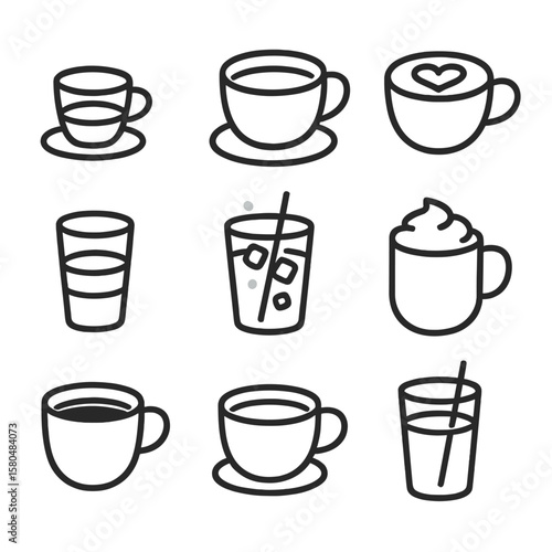 Classic Coffee Icons. Line style icons of classic coffee drinks: espresso shot, cappuccino cup, latte art heart, macchiato glass,