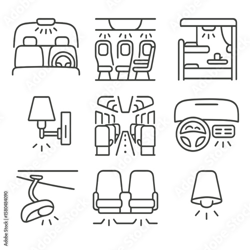 Ambient Lighting Icons. Line style icons of ambient lighting in transport: car interior lights, airplane cabin glow, train