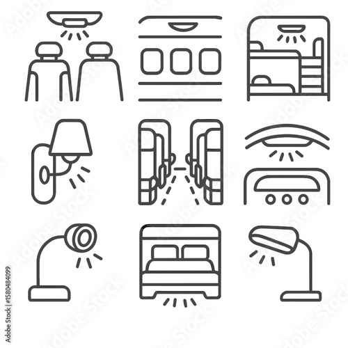Ambient Lighting Icons. Line style icons of ambient lighting in transport: car interior lights, airplane cabin glow, train
