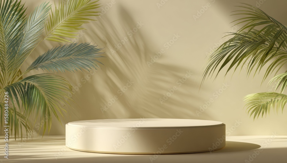 3D rendered beige podium platform with tropical foliage accents and light shadow effects for product display presentation, minimalist retail packaging design concepts
3D rendered beige podium platform with tropical foliage accents and light shadow effects for product display presentation, minimalist retail packaging design concepts