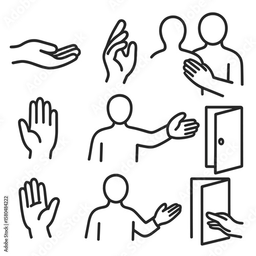 Invitation Gesture Icons. Line style icons of invitation gestures: welcoming open hand, beckoning fingers, guiding hand forward,