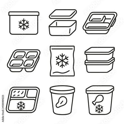 Freezer Container Icons. Line style icons of freezer-safe containers: deep freeze box, insulated lid, frost-proof tray, portion