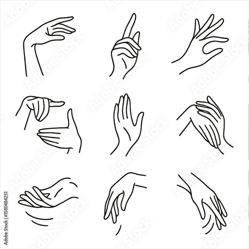 Artistic Hand Poses. Line style icons of artistic hand poses: ballet-style wrist, extended finger arc, hand in storytelling