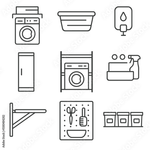 Laundry Room Icons. Line style icons of small laundry room hacks: space-saving washer shelf, collapsible basket, detergent wall