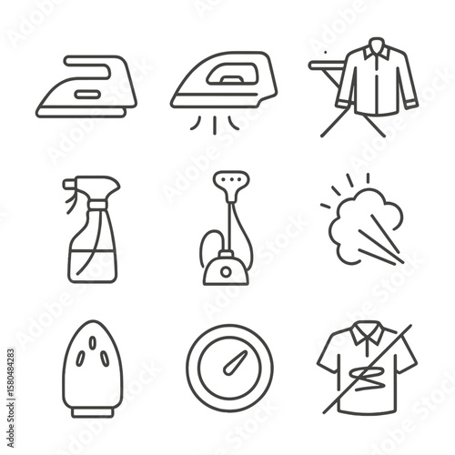 Ironing Essentials Icons. Line style icons of ironing and steaming: standing iron, iron steam lines, ironing board with shirt,