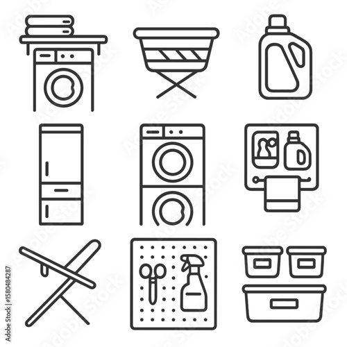Laundry Room Icons. Line style icons of small laundry room hacks: space-saving washer shelf, collapsible basket, detergent wall