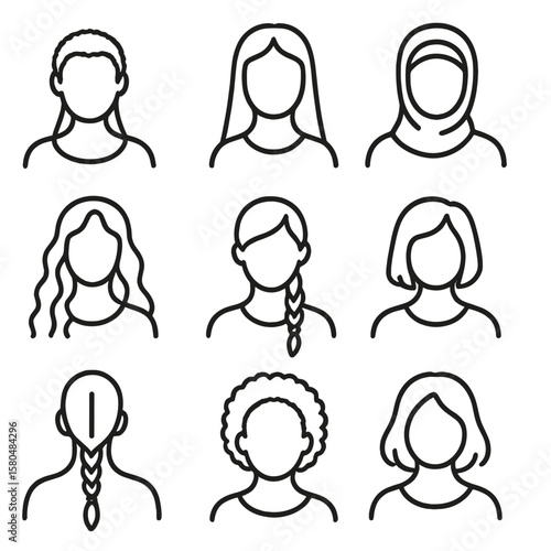 Diverse Hair Icons. Line style icons of culturally diverse hair lengths: African short coils, Asian straight long hair, South
